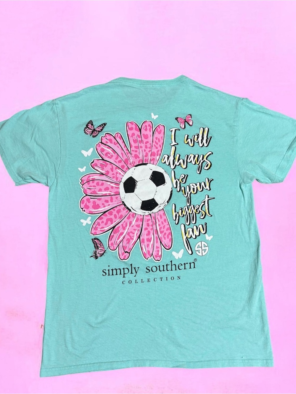 Simply Southern Mint Green Tee with Pink Daisy Soccer Graphic